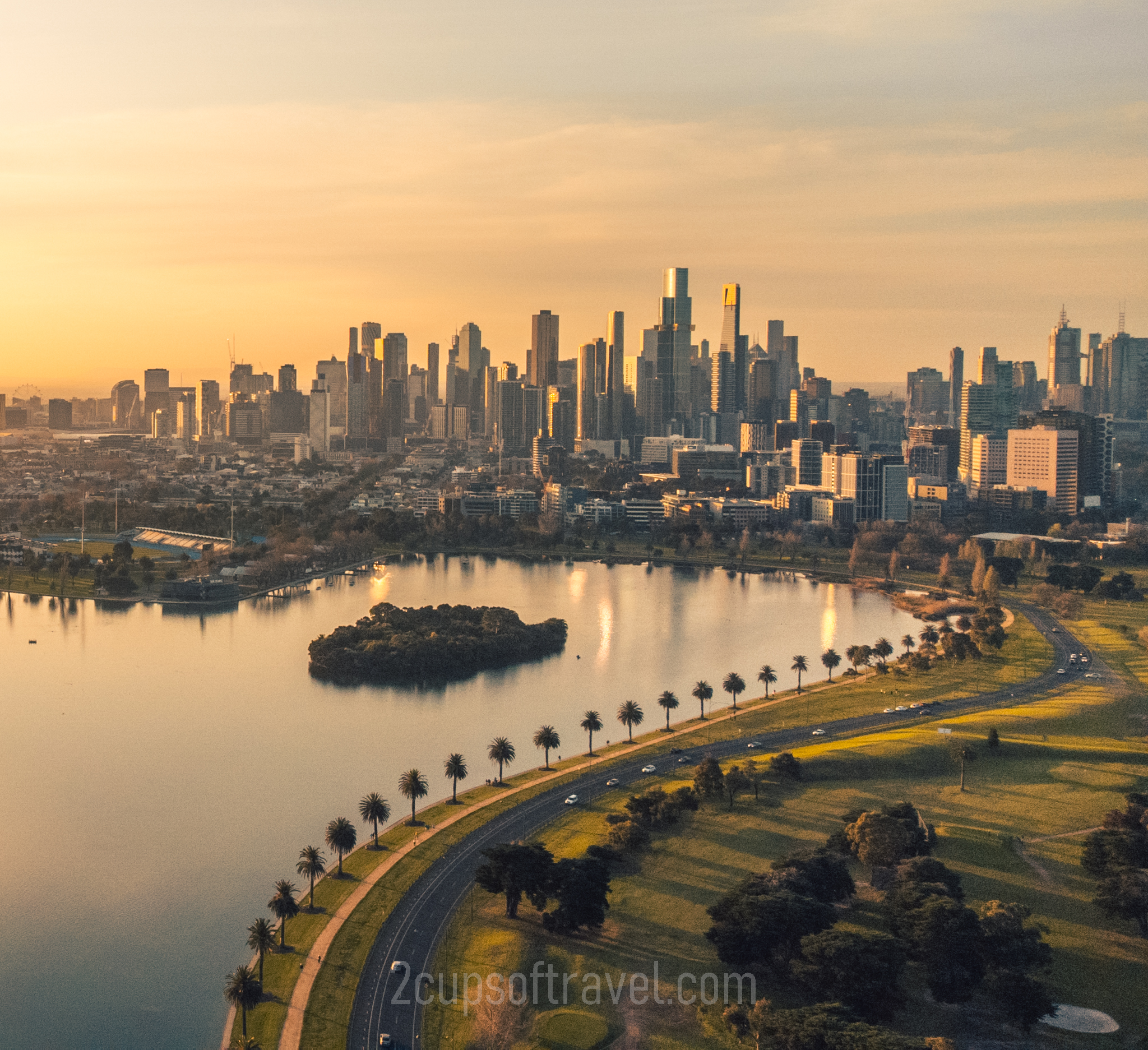 albert park lake golden hour drone shot walk best photo sports melbourne sunset