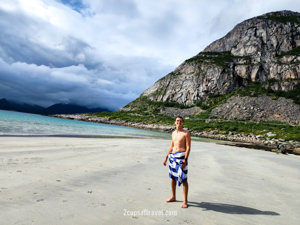 Swim in arctic waters at Rorvikstranda beach henningsvaer best beach lofoten islands