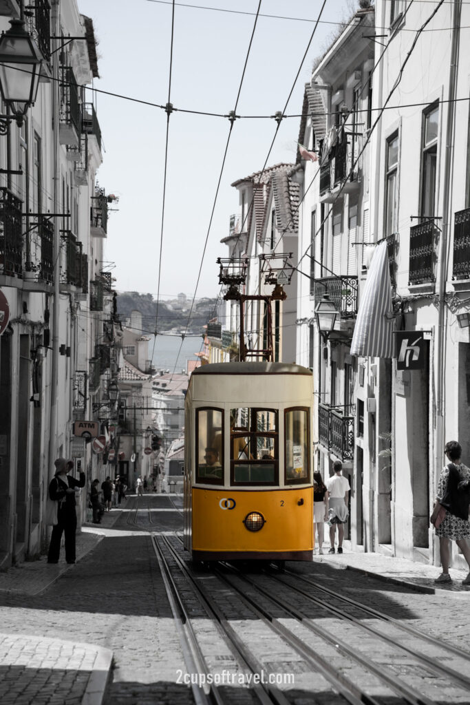 yellow lisbon tram where to see R. da Bica de Duarte Belo funicular barrio alto portugal