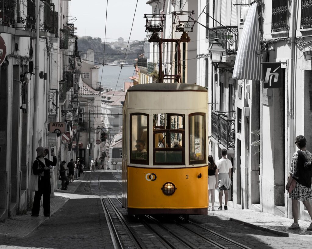 yellow lisbon tram where to see R. da Bica de Duarte Belo funicular barrio alto portugal